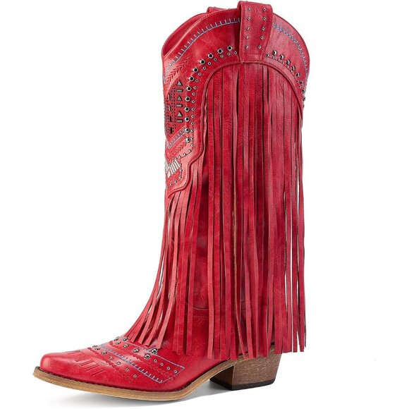 Women's Red Wide Calf Embroidered Tassal Cowgirl Boot Knee High Snip Toe - Picture 1 of 7